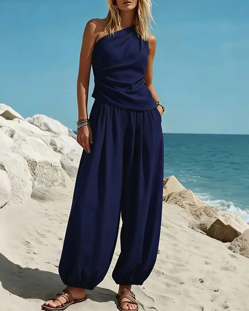 Draped Top and Flowy Harem Pants Two-Piece Set