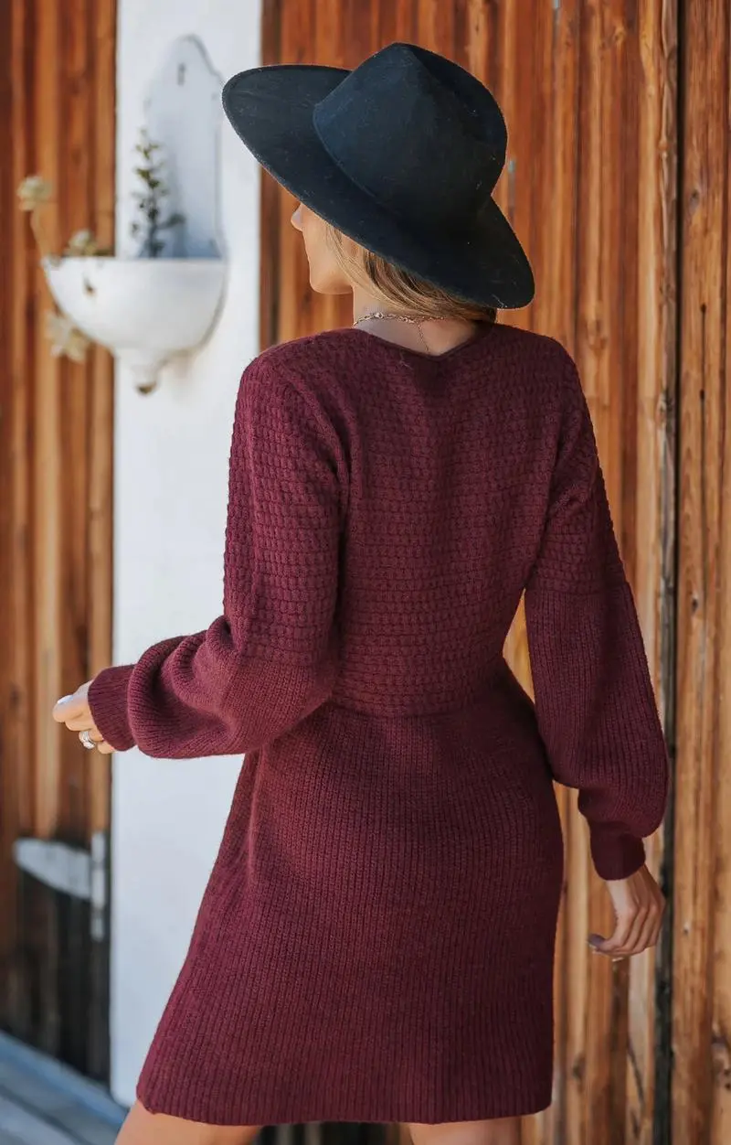 Women's Casual Sweater Dress for Christmas VNeck Honeycomb Long Sleeve Textured Knit Pullover Dresses Womenswear Fall Dress Early Autumn