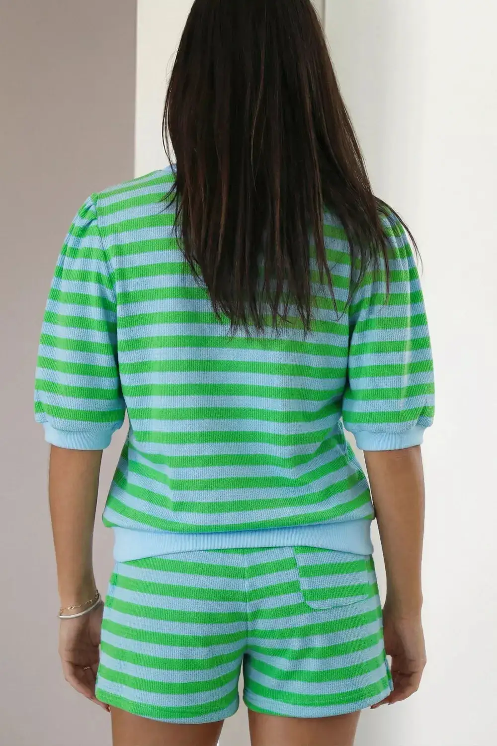 Drawstring Pocketed Striped Colorblock Two-Piece Top and Shorts Set