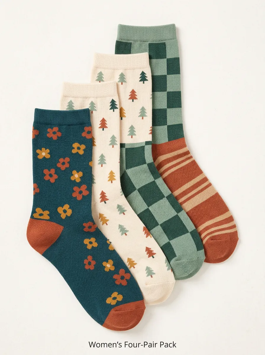 Daily Floral Plaid Shape Women's Four Pair Socks