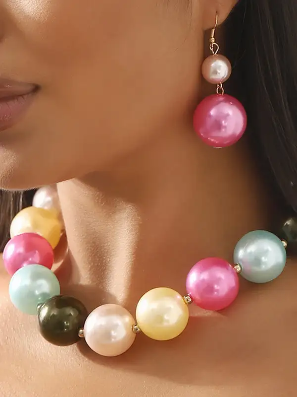 Contrast Geometric Drop Pearl Detail Necklace Earring Set