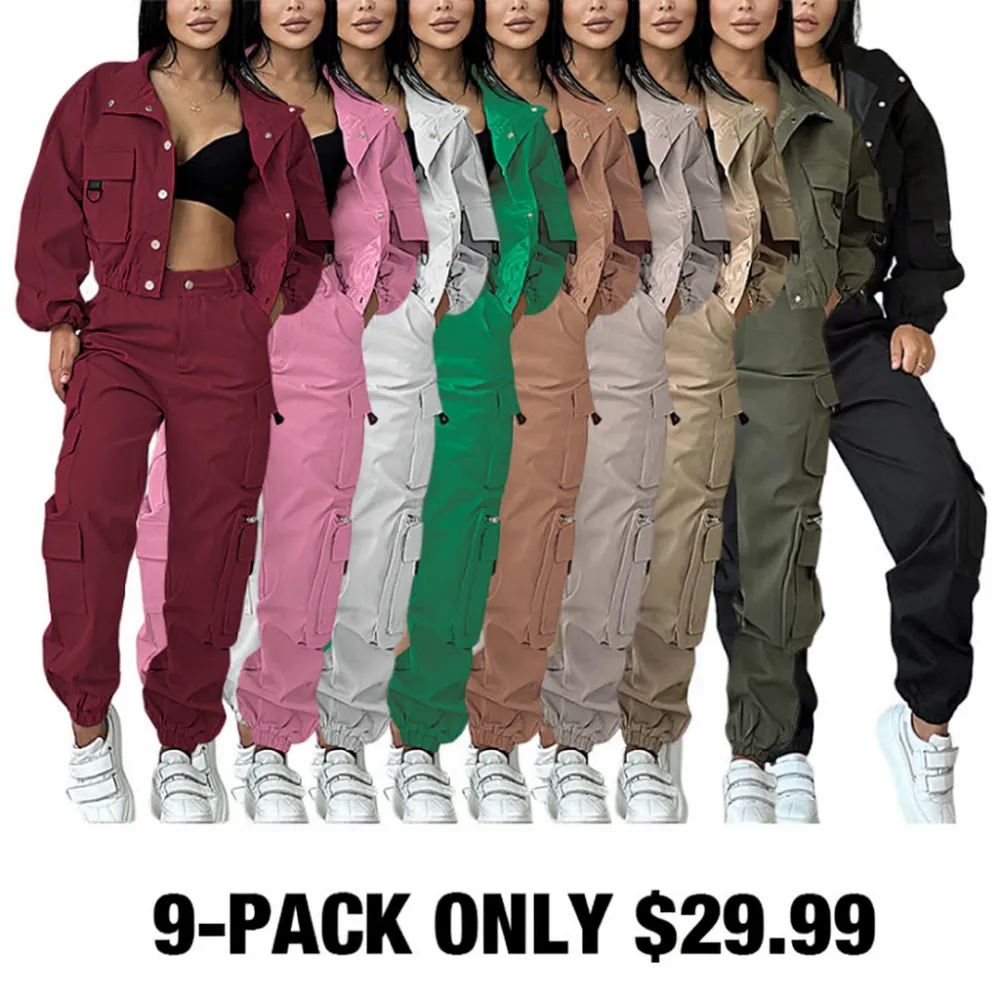 9PACK- Solid Color Pocket Jacket & Pants Two-piece Set