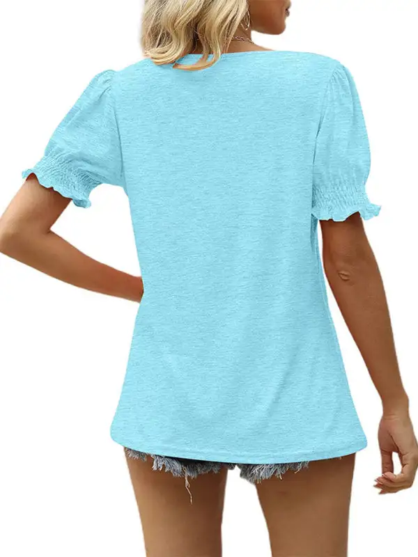 V-Neck Collared Short-Sleeve Puff-Sleeve T-Shirt