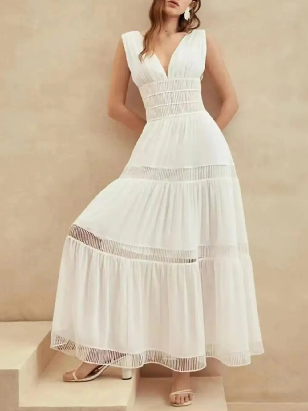 V Neck Tiered Sleeveless Maxi Dress