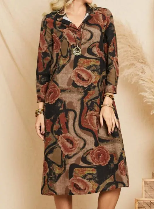 Cotton Linen Stand Collar Printed Dress