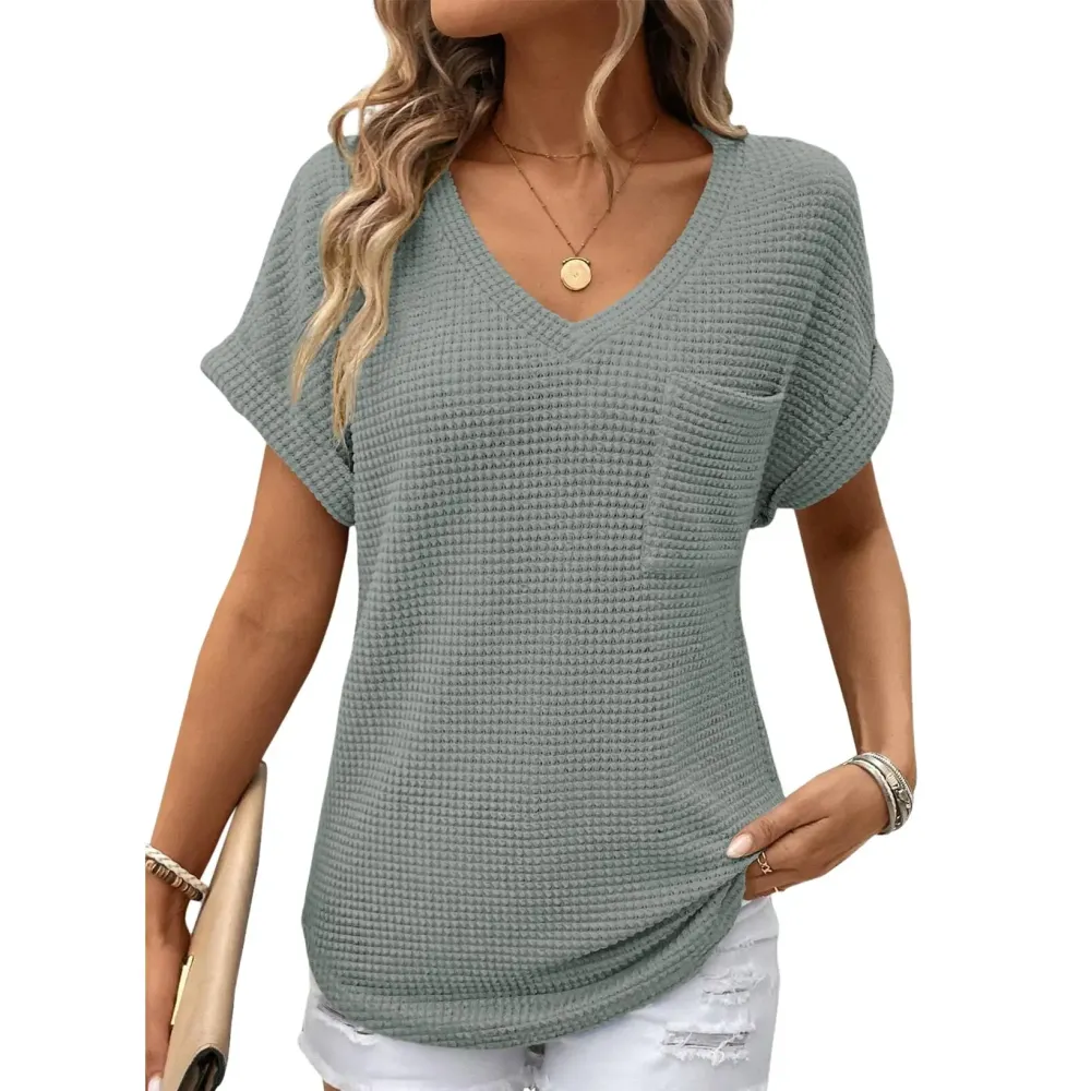 Women's Waffle Knit V-Neck Casual Summer Top