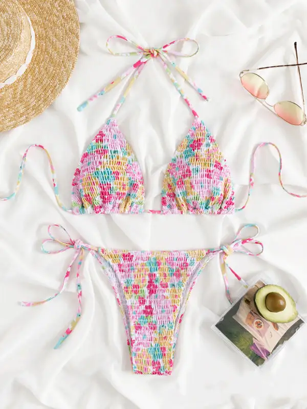 Stretchy Pleated Coordinated Bikini Top Swim Set