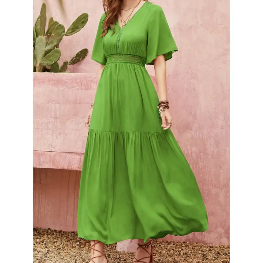 Classic Lace Detail V Neck Short Sleeve Dress