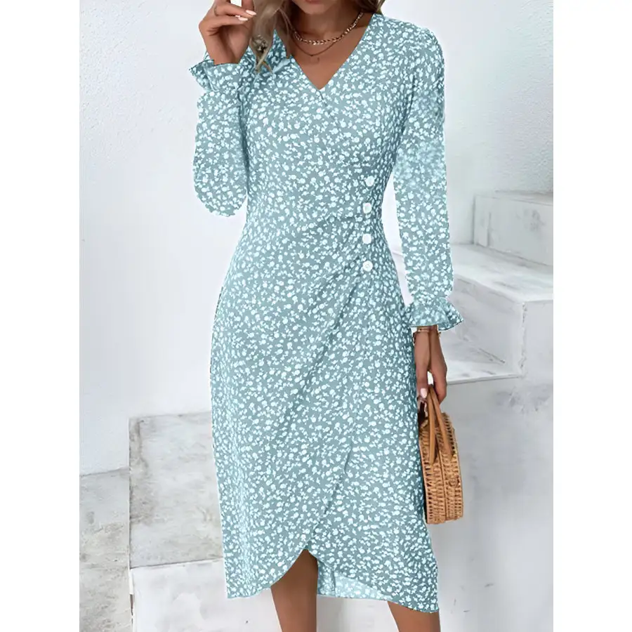 Full Size Surplice Long Sleeve Midi Dress