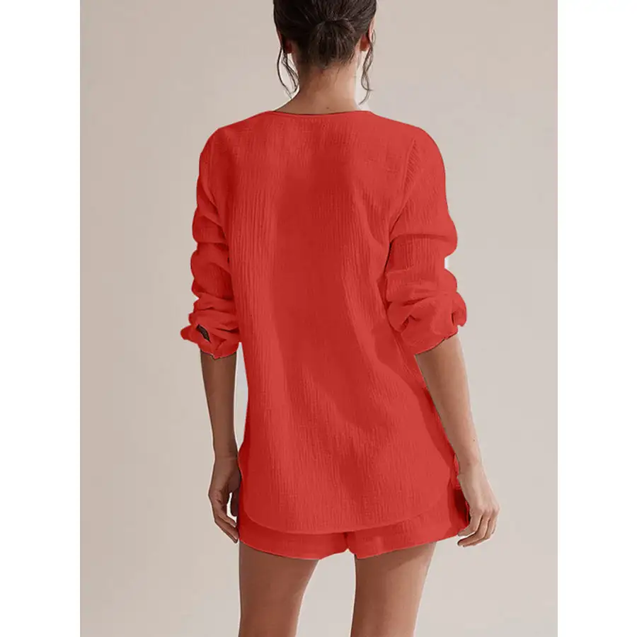 Relaxed Notched Long Sleeve Top and Shorts Set