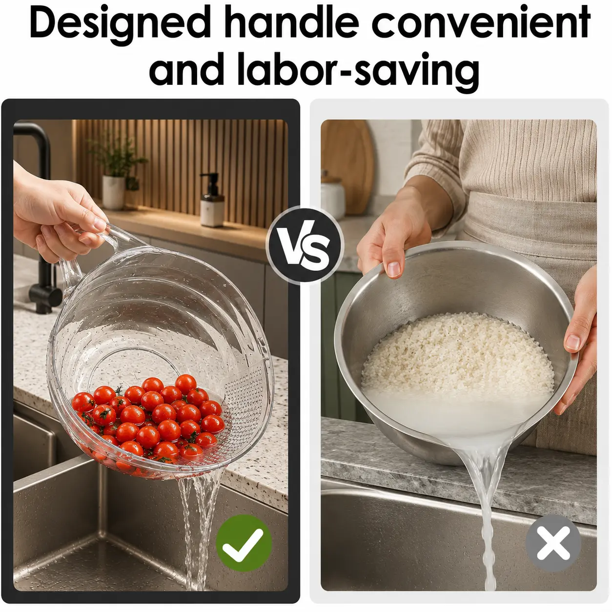 Multifunctional Rice Strainer with Handle - Clear BPA-Free Kitchen Colander - Multiple Everyday Uses