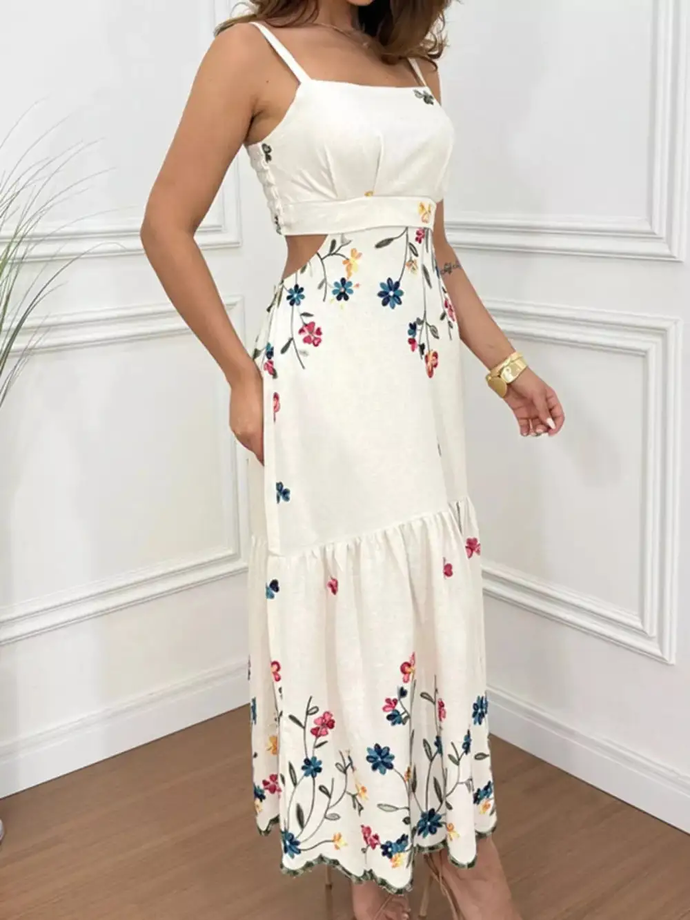 Print Cutout Back Slit Hem Midi Dress