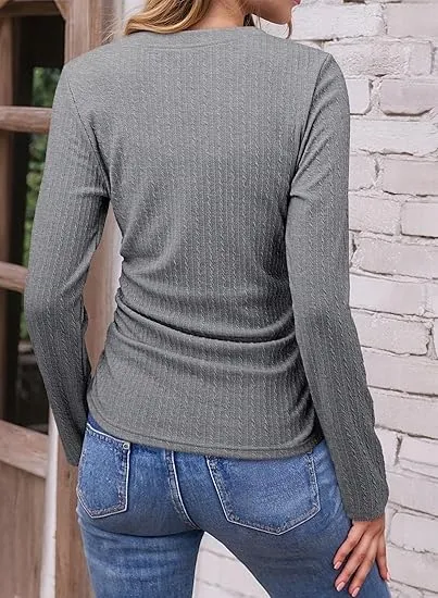 Womens Tops Casual V Neck Long Sleeve Shirts for Women Fashion Solid Ruched Basic Tunics Blouses