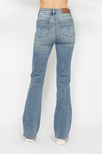 Tummy Control Back Embroidered Pocket Bootcut Denim Jeans