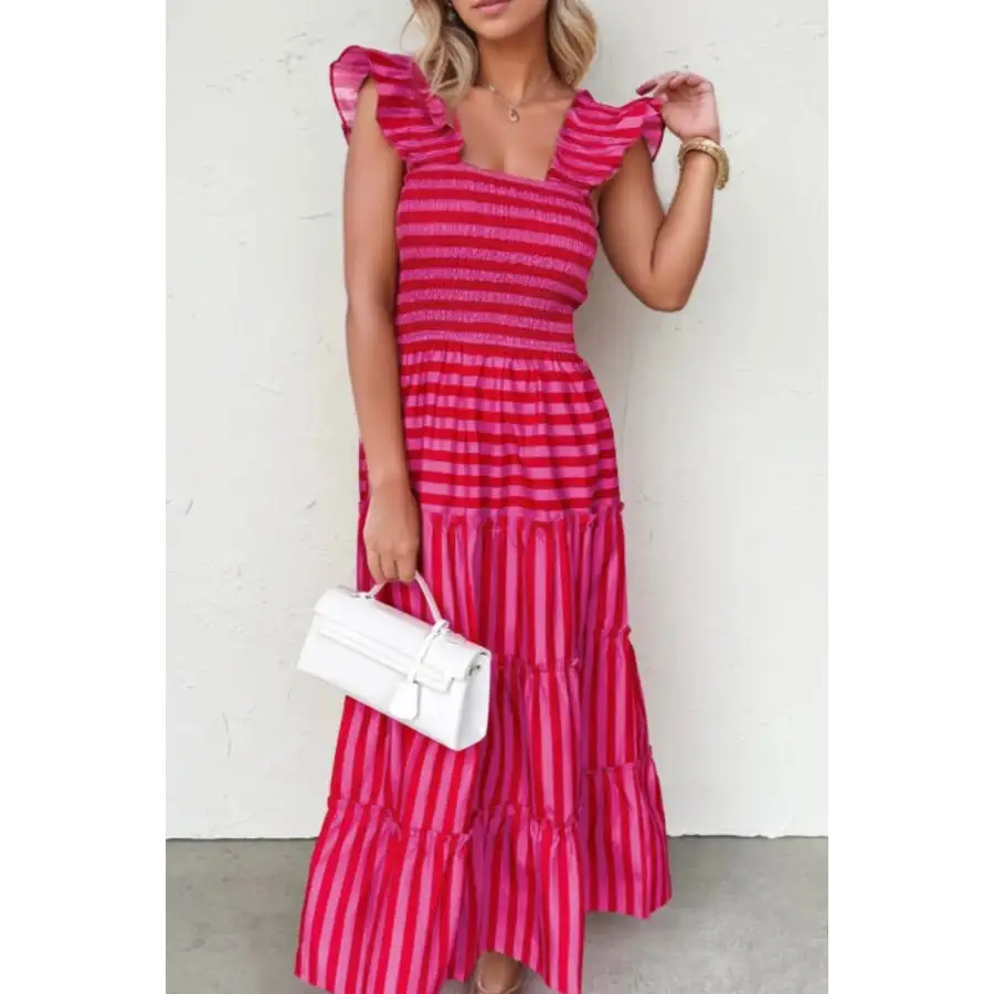 Stripe Flutter Sleeve Smocked Bodice Tiered Maxi Dress