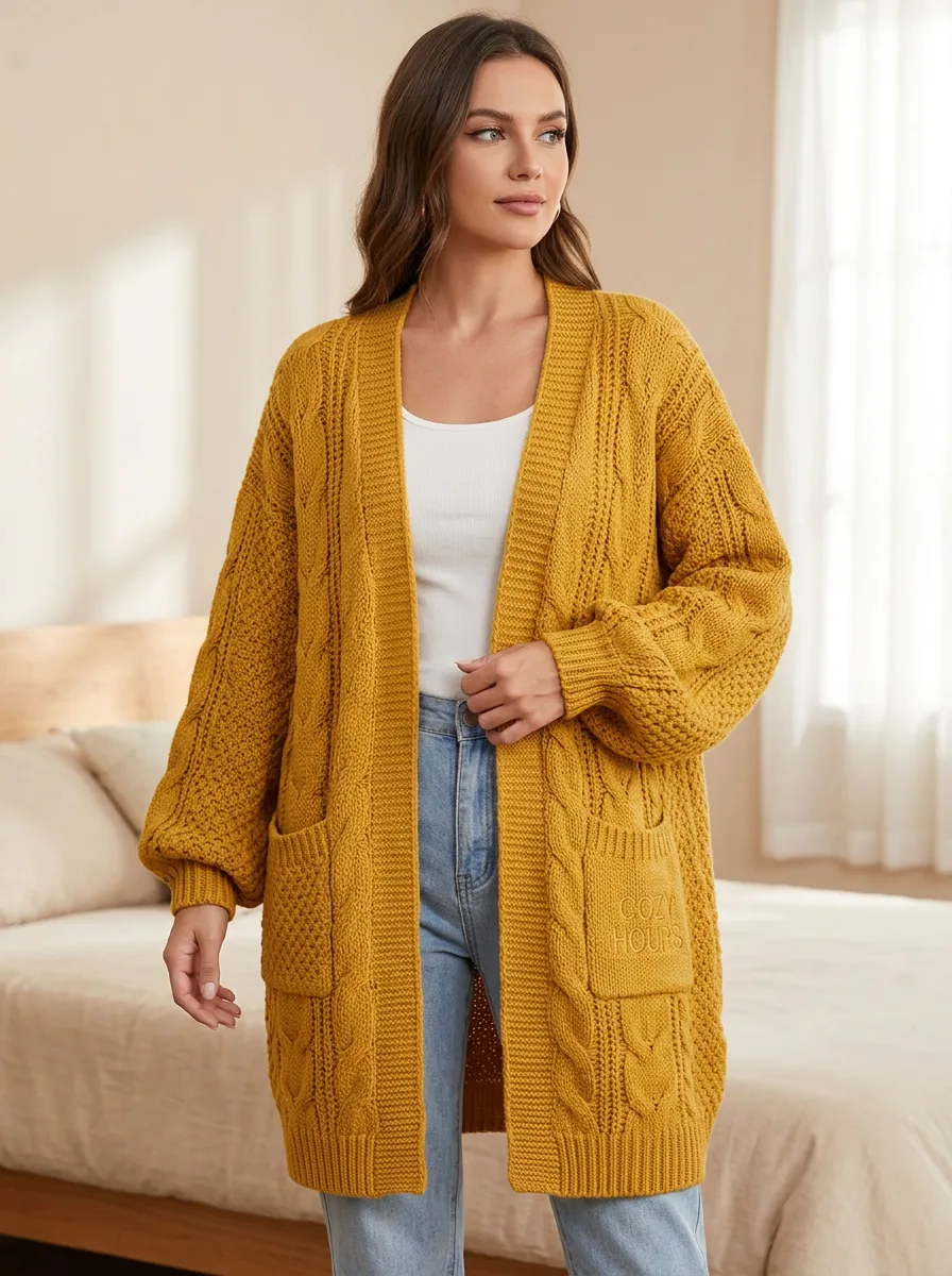 Women's Cozy Hours Letter Embroidered Cable Knit Long Cardigan