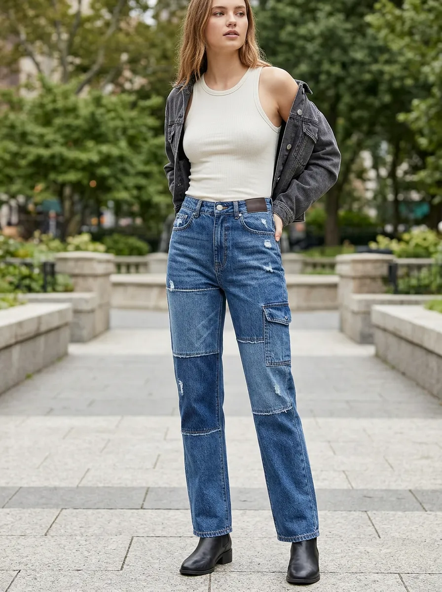 Women's Distressed Jeans in Classic with Utility Cut