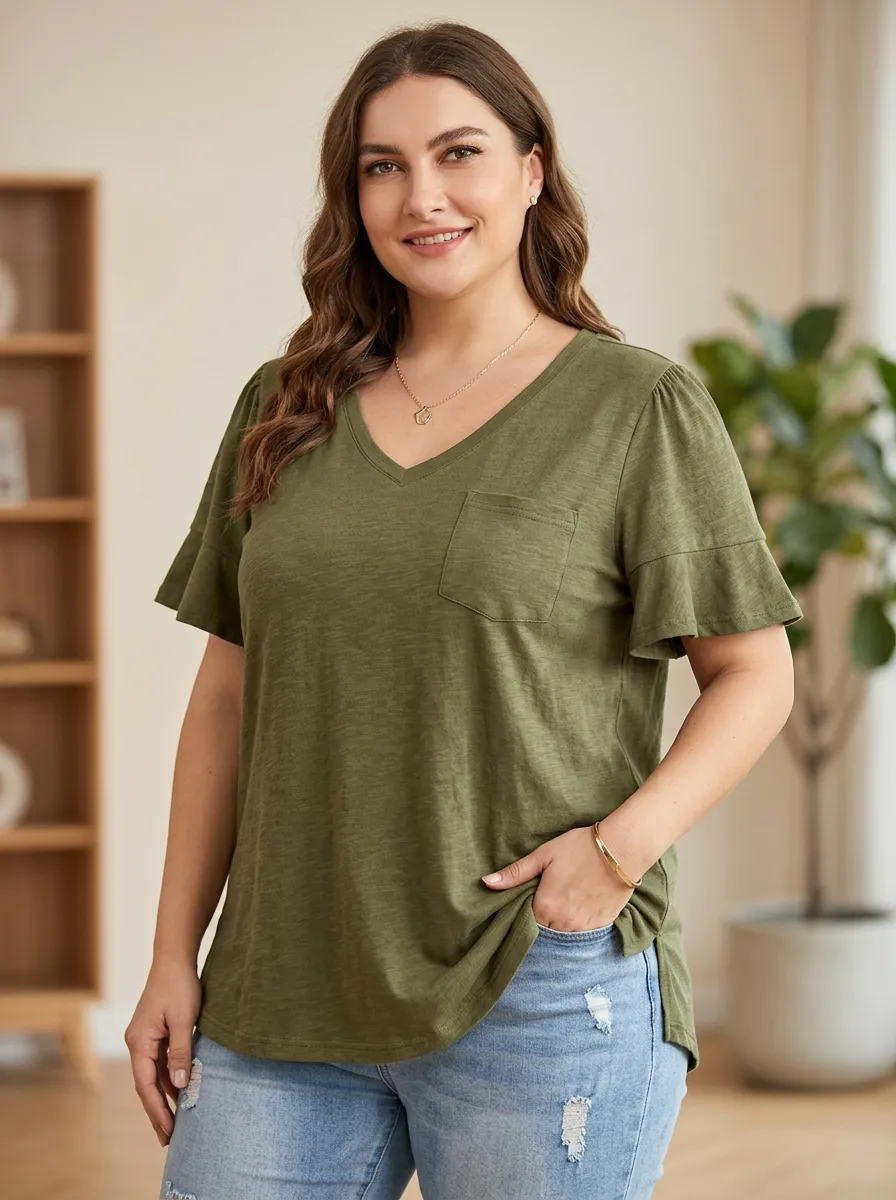 Women's Plus Size Olive Green Ruffle Sleeve Pocket V-Neck T-shirt