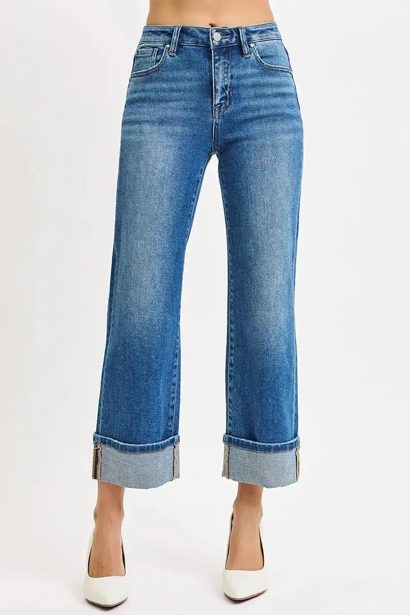 Mid-Rise Cropped Raw-Hem Washed Straight Leg Jeans