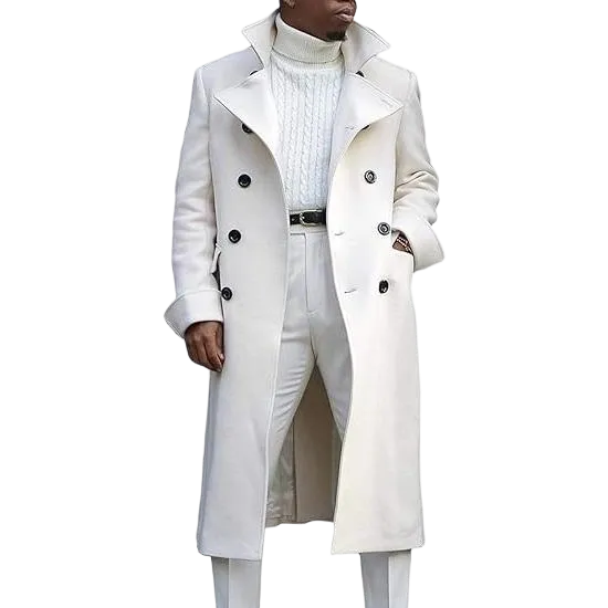 Men's Notch Lapel Double Breasted Long Trench Coat Casual Cotton Blend Peacoat