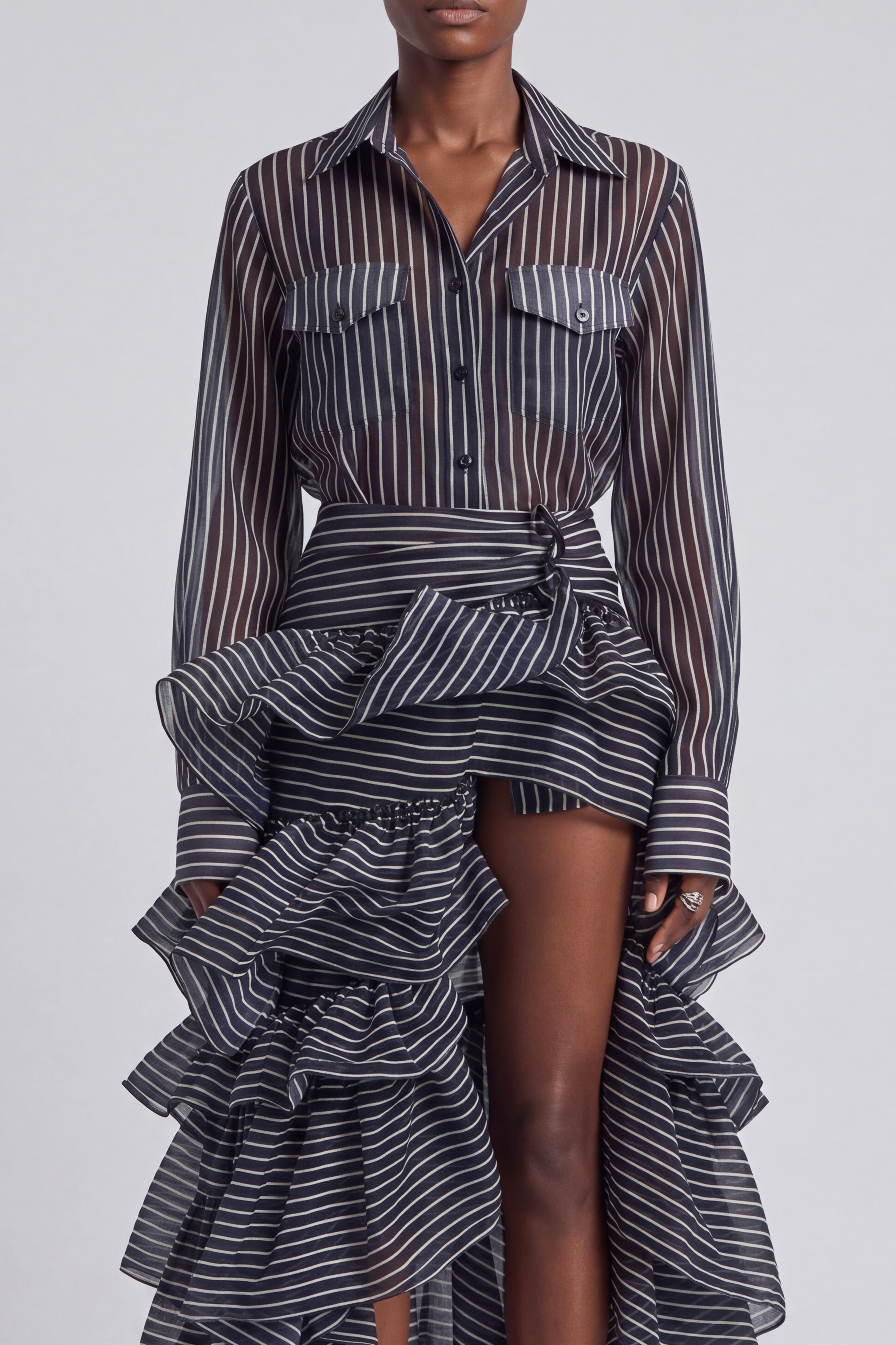 Button Front Layered Striped Midi Dress