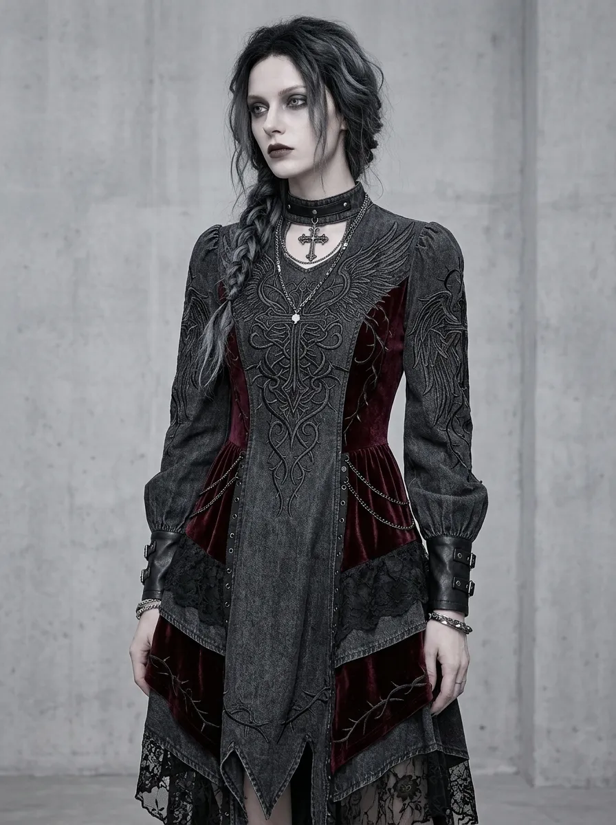 Women's Gothic Dark Angel Wing Embroidered Velvet Printed Top