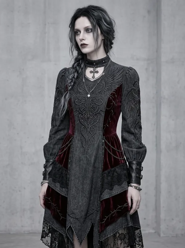 Women's Gothic Dark Angel Wing Embroidered Velvet Printed Top
