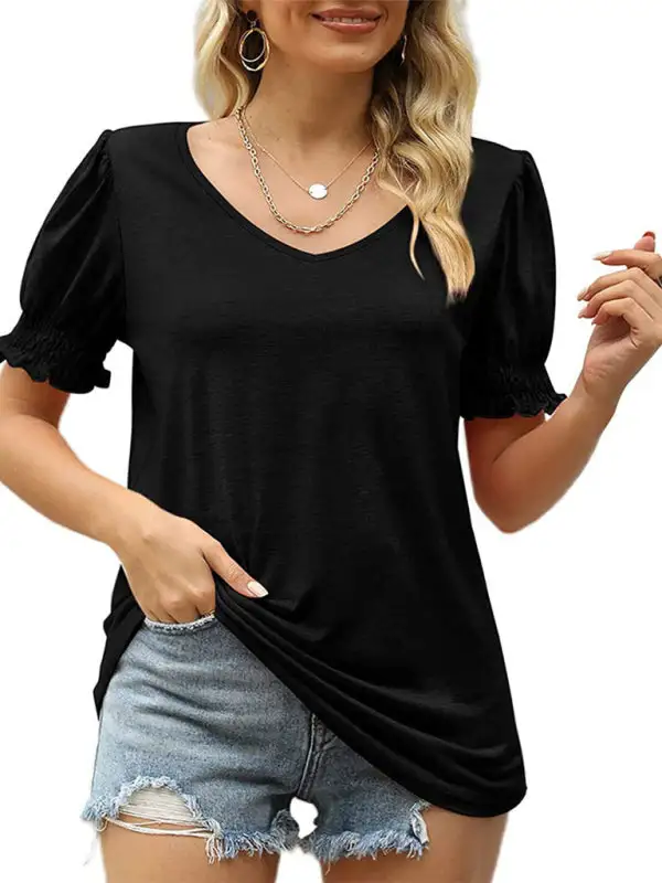 V-Neck Collared Short-Sleeve Puff-Sleeve T-Shirt