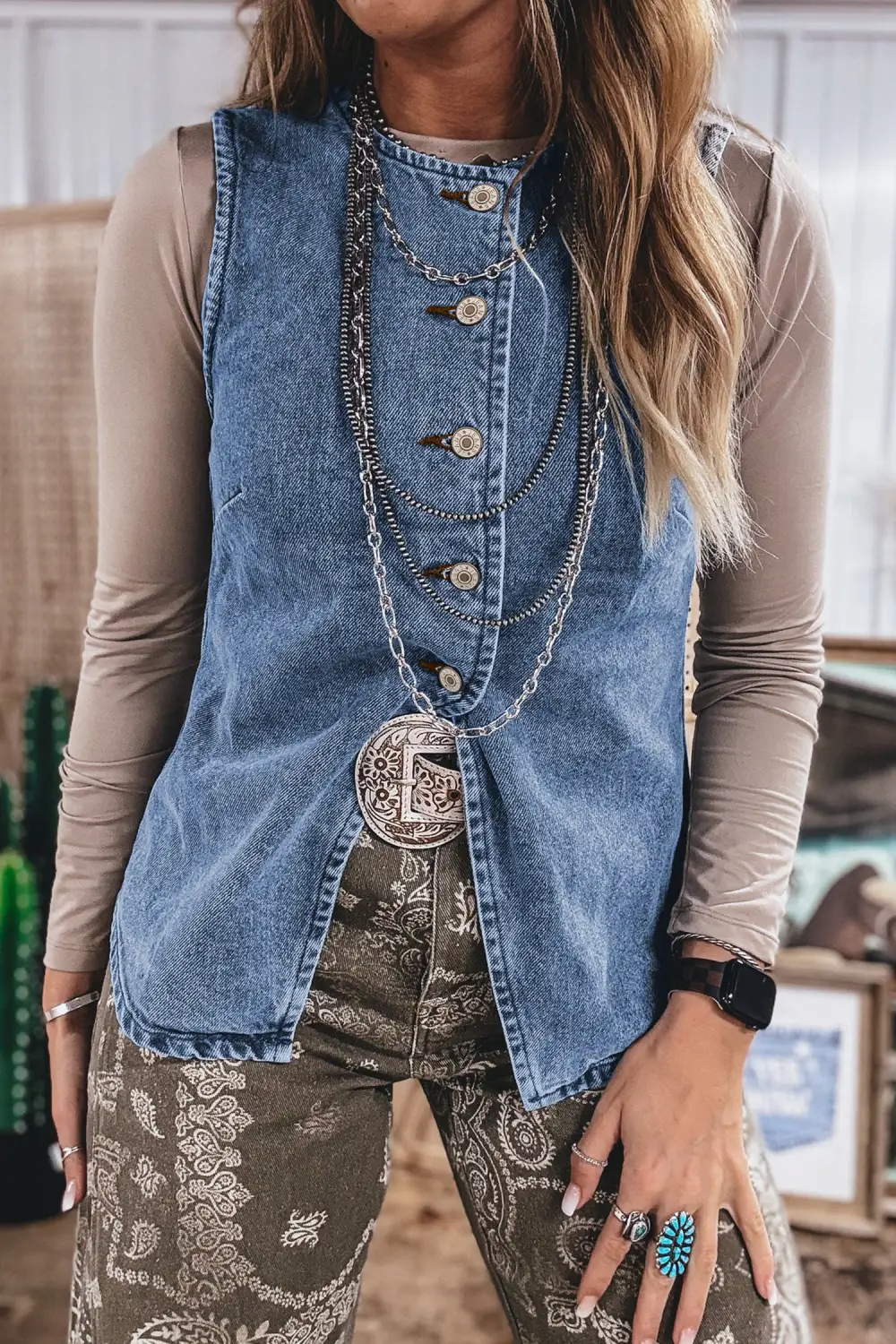 Button Front Slit Cotton Blend Denim Vest
