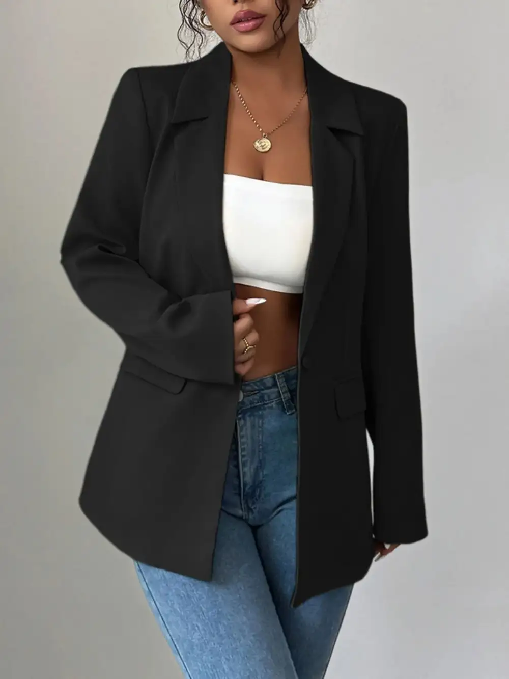 Streamlined Single-Button Lapel-Collar Blazer