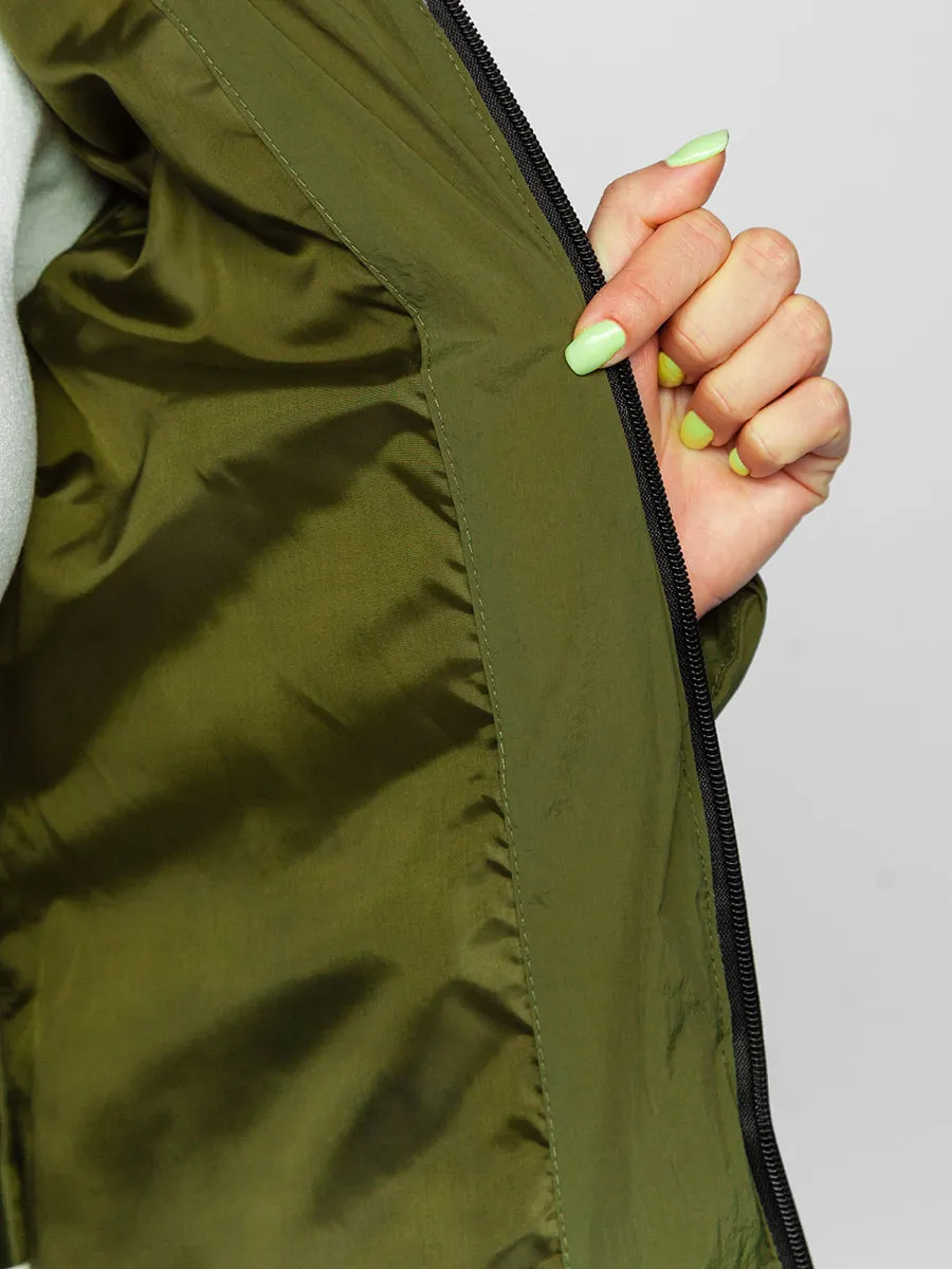 Khaki women's quilted winter jacket with hood