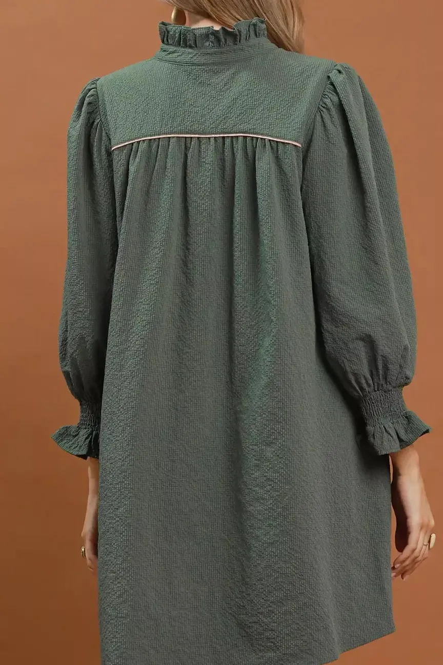 Pocketed Textured Puff Sleeve Mini Dress