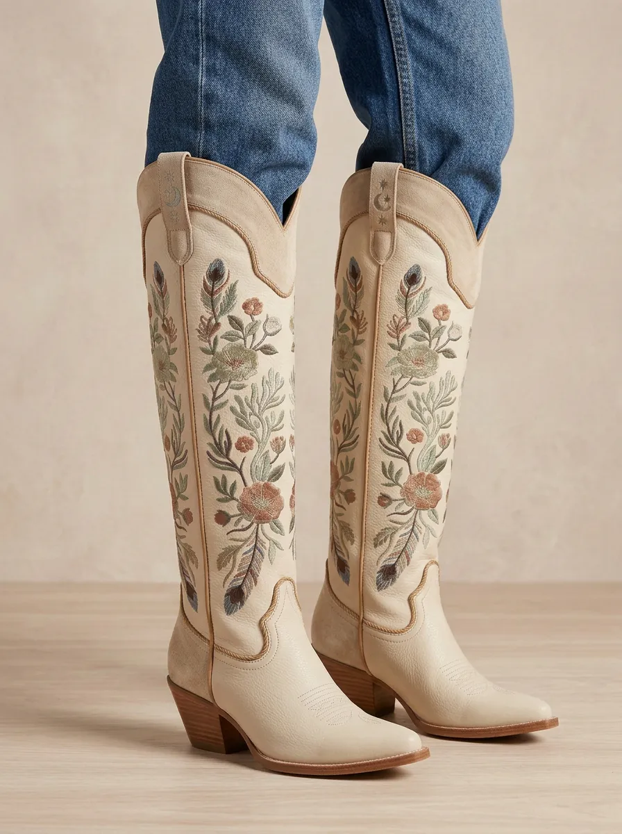 Women's Western Floral Moon Wing Feather Star Embroidered Denim Over-the-Knee Boots
