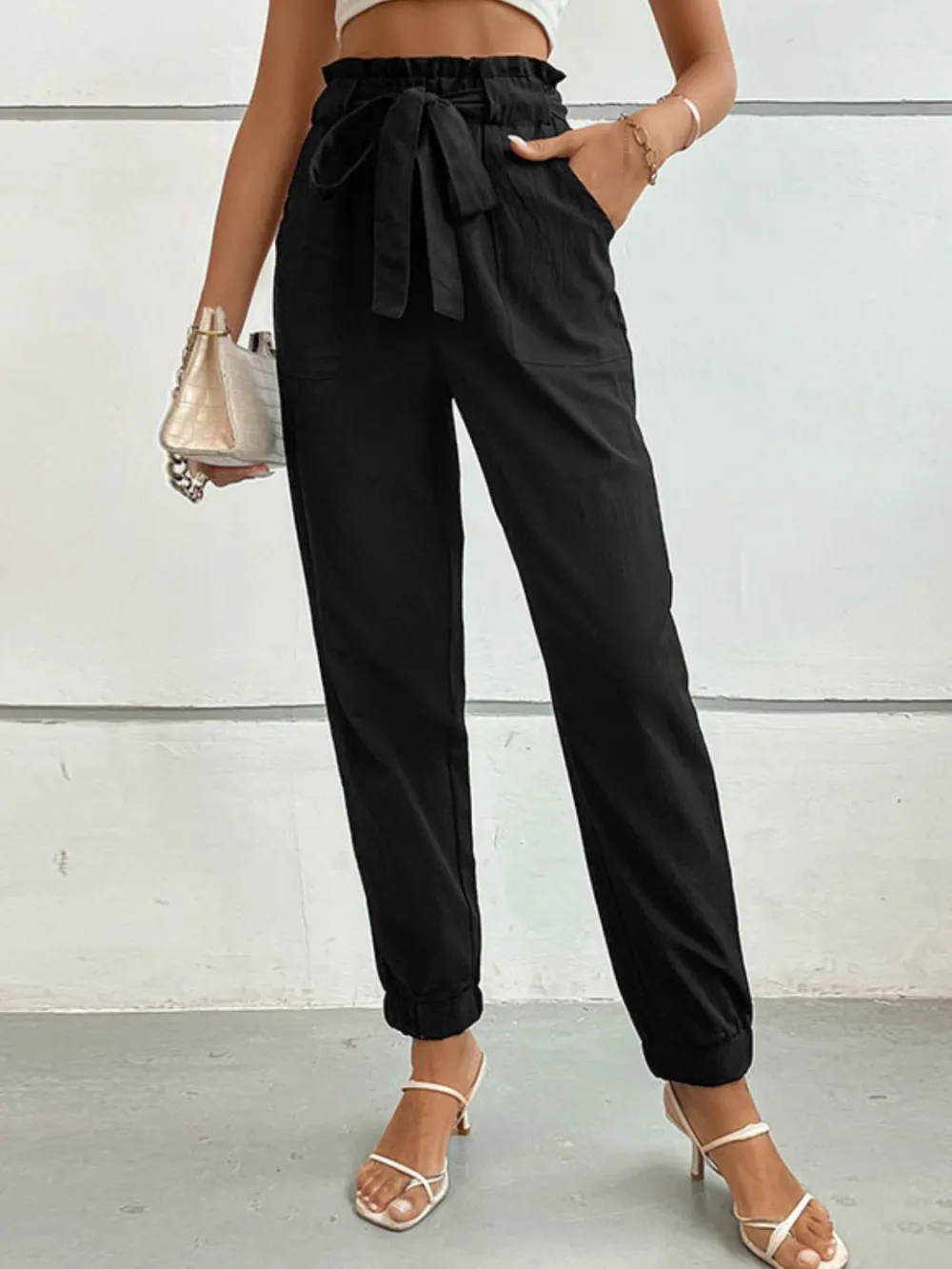 Textured Tie Detail High Waist Pants