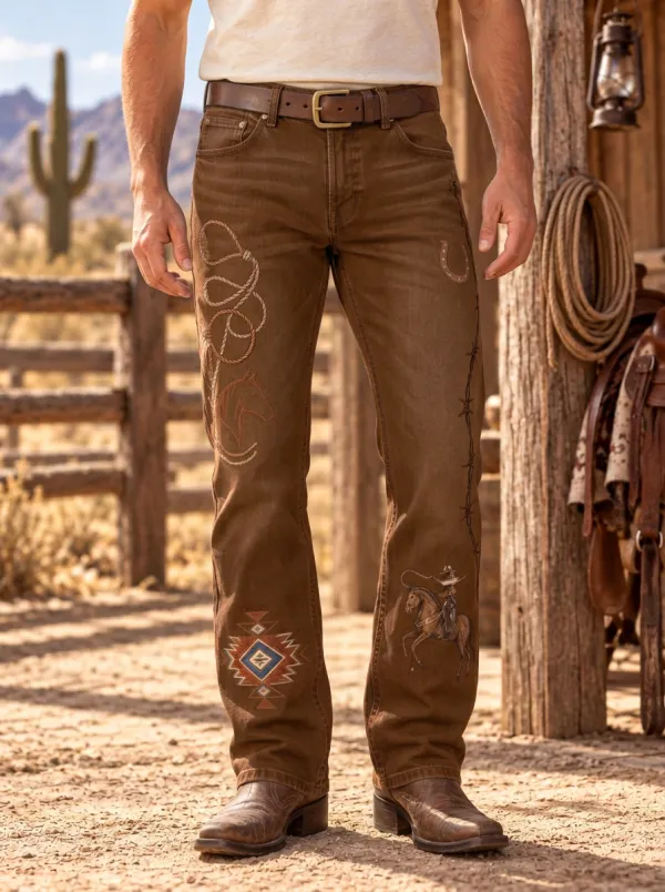 Men's Prairie Inspired Western Cowboy Horse Lasso Jeans