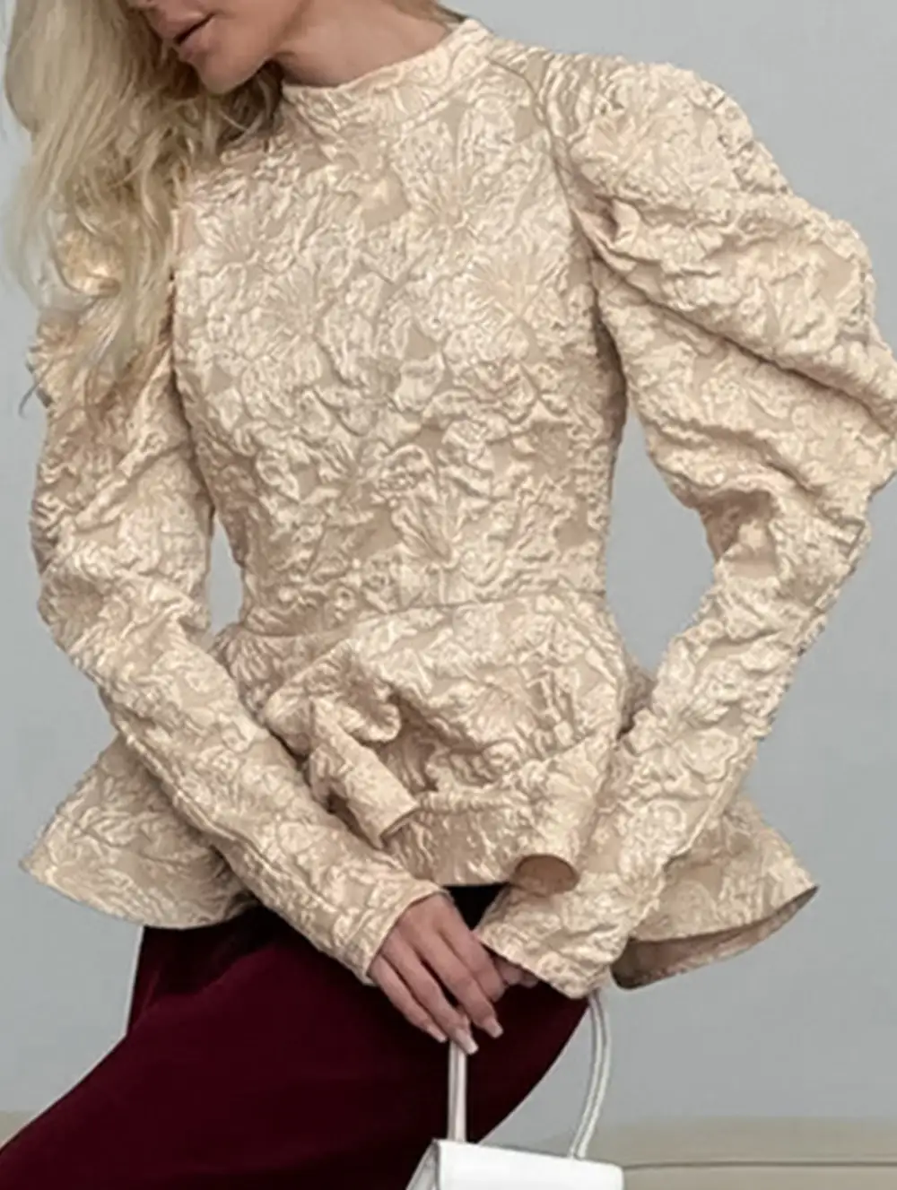 French Vintage Puff Sleeve Jacquard Tee