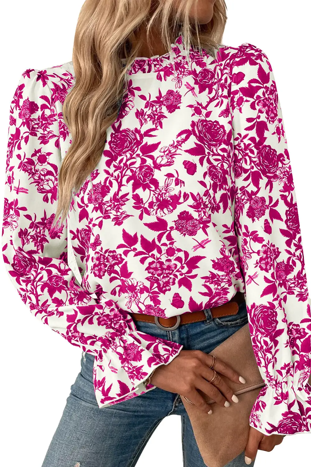 Floral Print Flounce Sleeve Keyhole Back Blouse