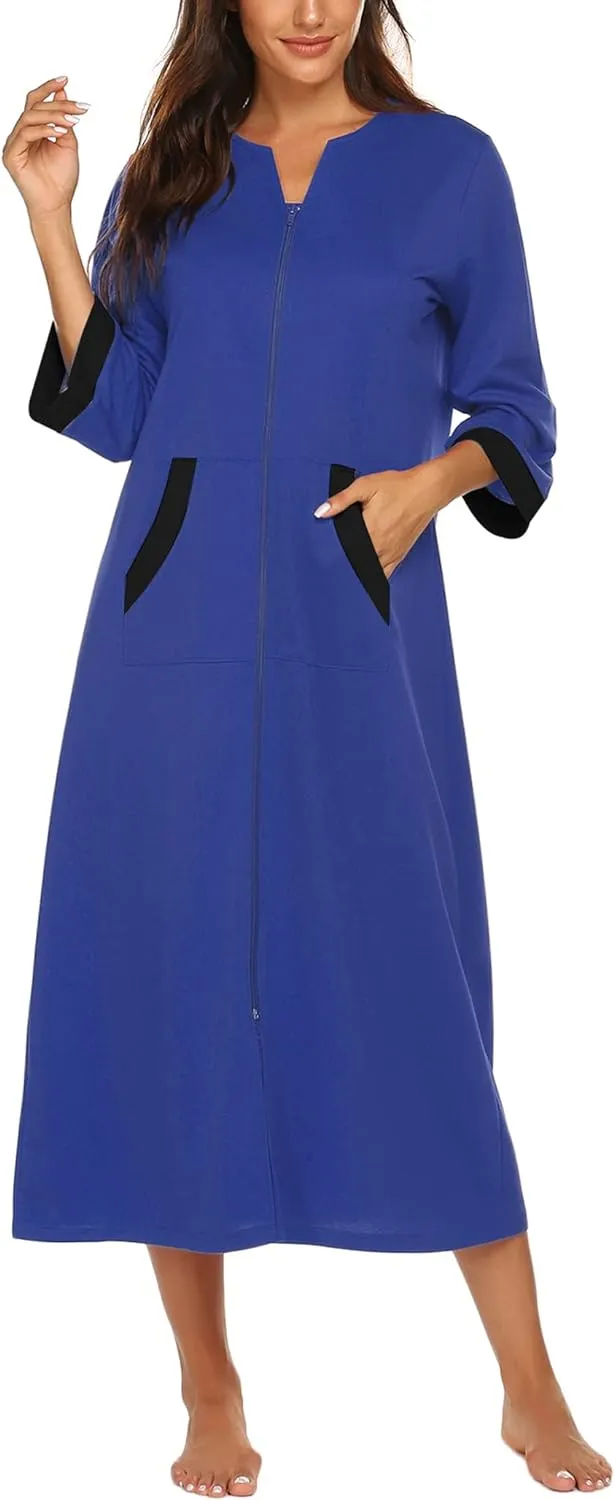 50% OFF Women Zipper Robe 3/4 Sleeves Loungewear Dress Full Length Sleepwear Pockets Housecoat Nightgown Long Bathrobe