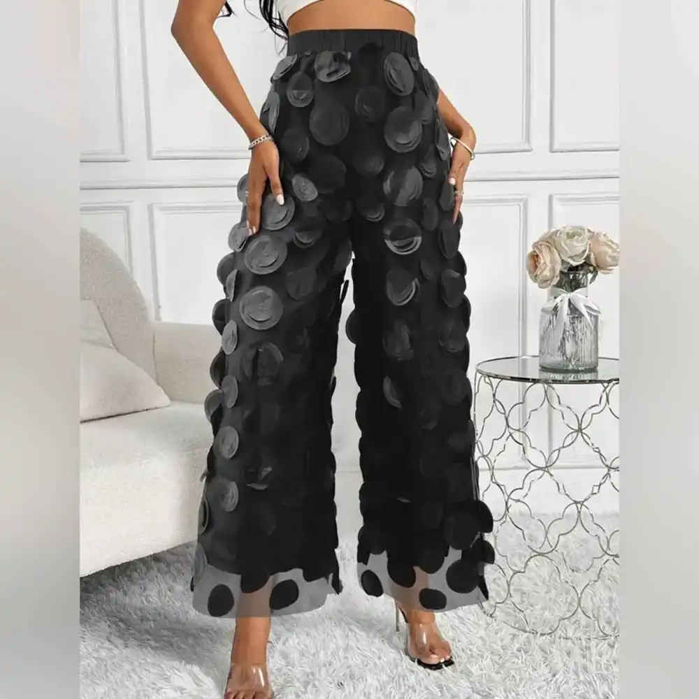 Circle Patched Wide Leg Solid Pants, High Waist Mesh Pants