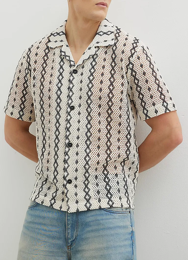 Men's Knitted Diamond White Regular Fit Shirt Short Sleeves