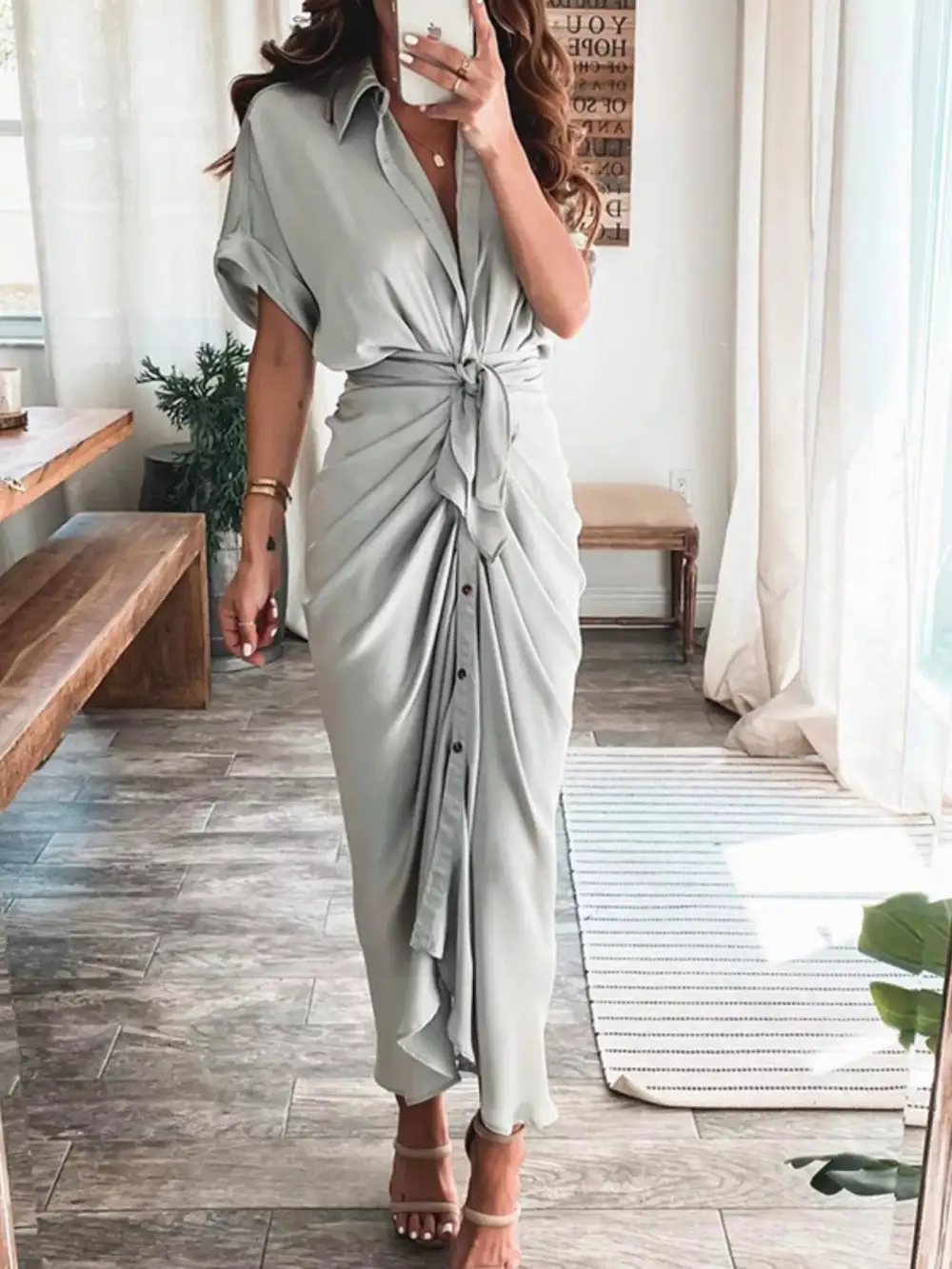 Button Front Tie Waist Midi Dress