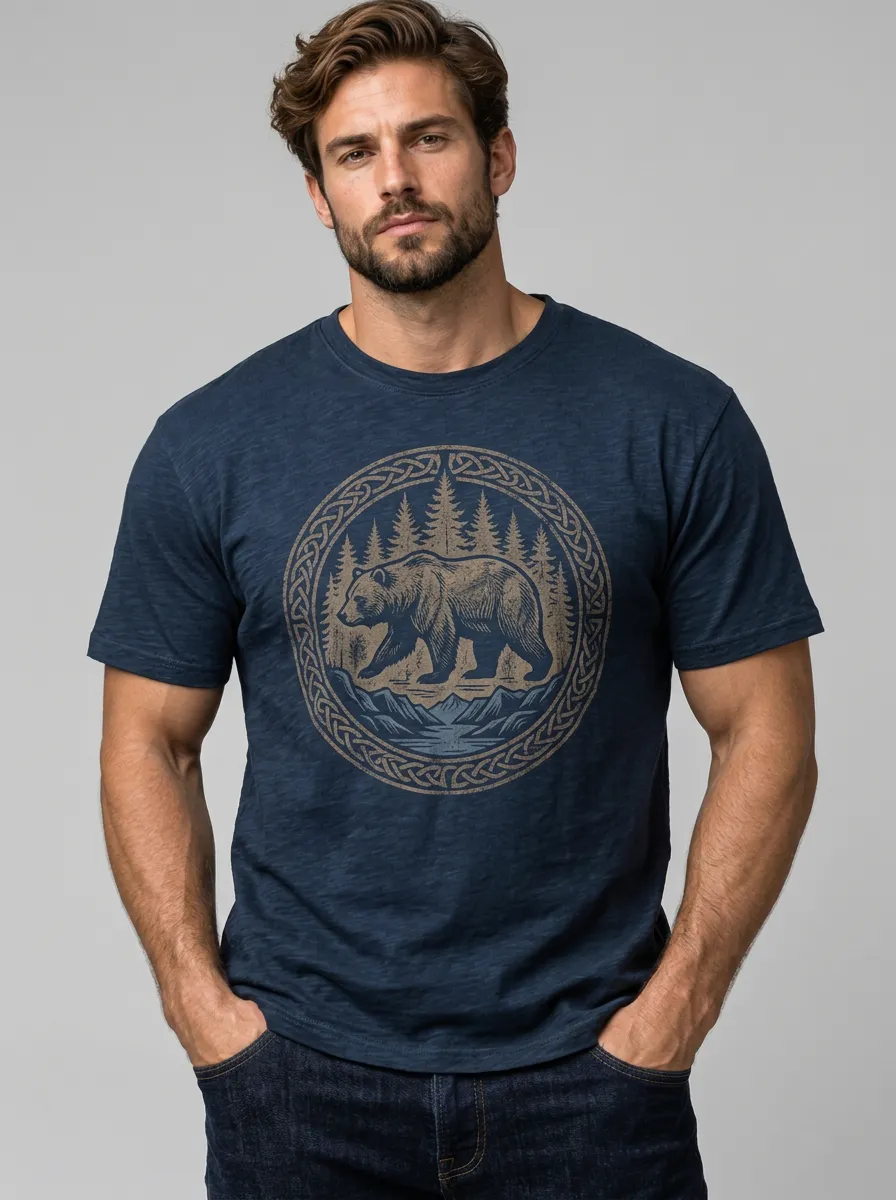 Men's Bear Crew-Neck Short-Sleeve Chest-Sleeve Relaxed Knotwork T-Shirt