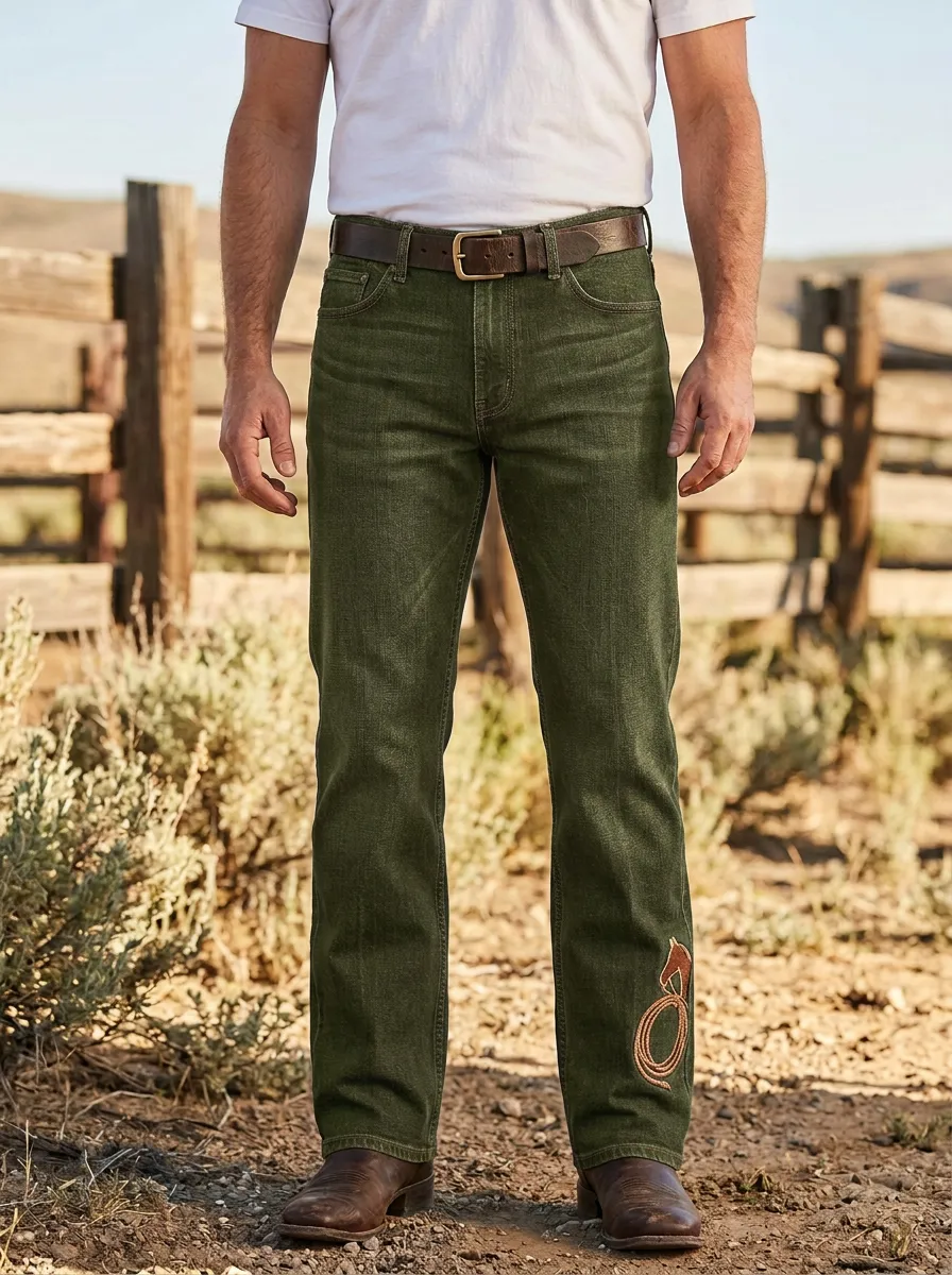 Men's Western Dark Wash Embroidered Detail Straight Leg Jeans