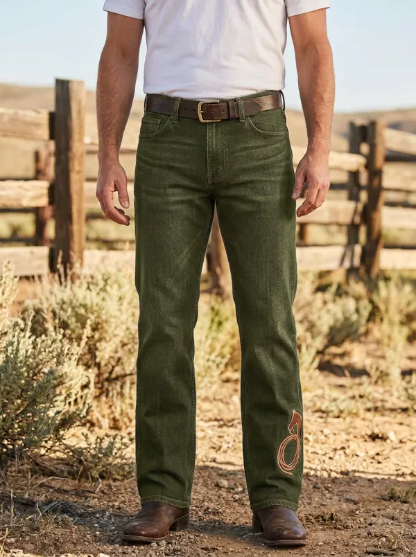 Men's Western Dark Wash Embroidered Detail Straight Leg Jeans