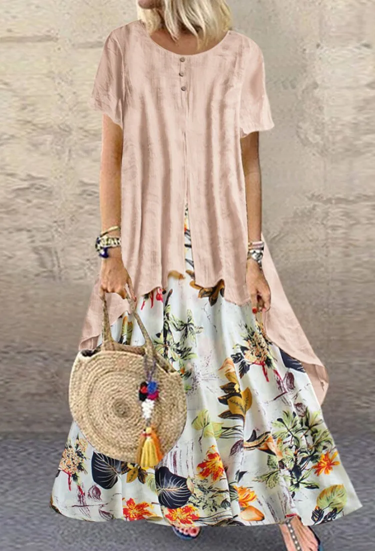 Autumn Cotton-linen print round neck fake two-piece dress short sleeve pullover Dress