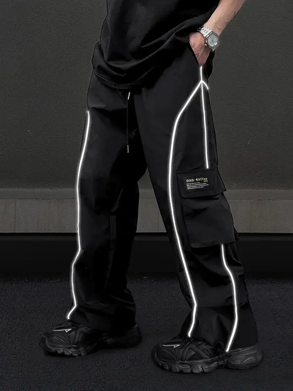 Men’s Loose Fit Cargo Pants with Letter Patch & Contrast Binding – Casual Drawstring Trousers for Spring, Fall & Winter