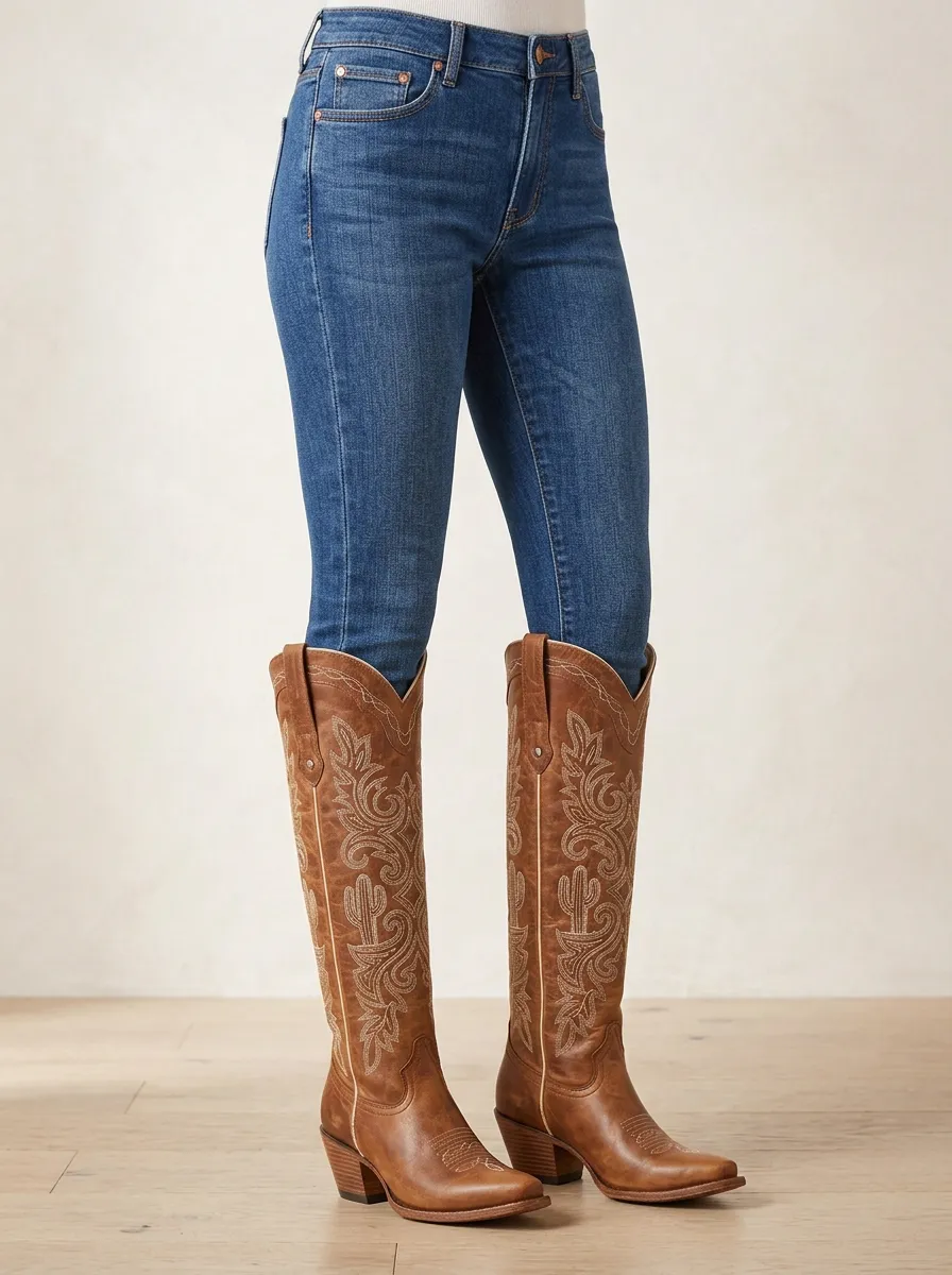Women's Western Cactus Embroidered Piped Block-Heel Stacked-Heel Denim Over-the-Knee Boots