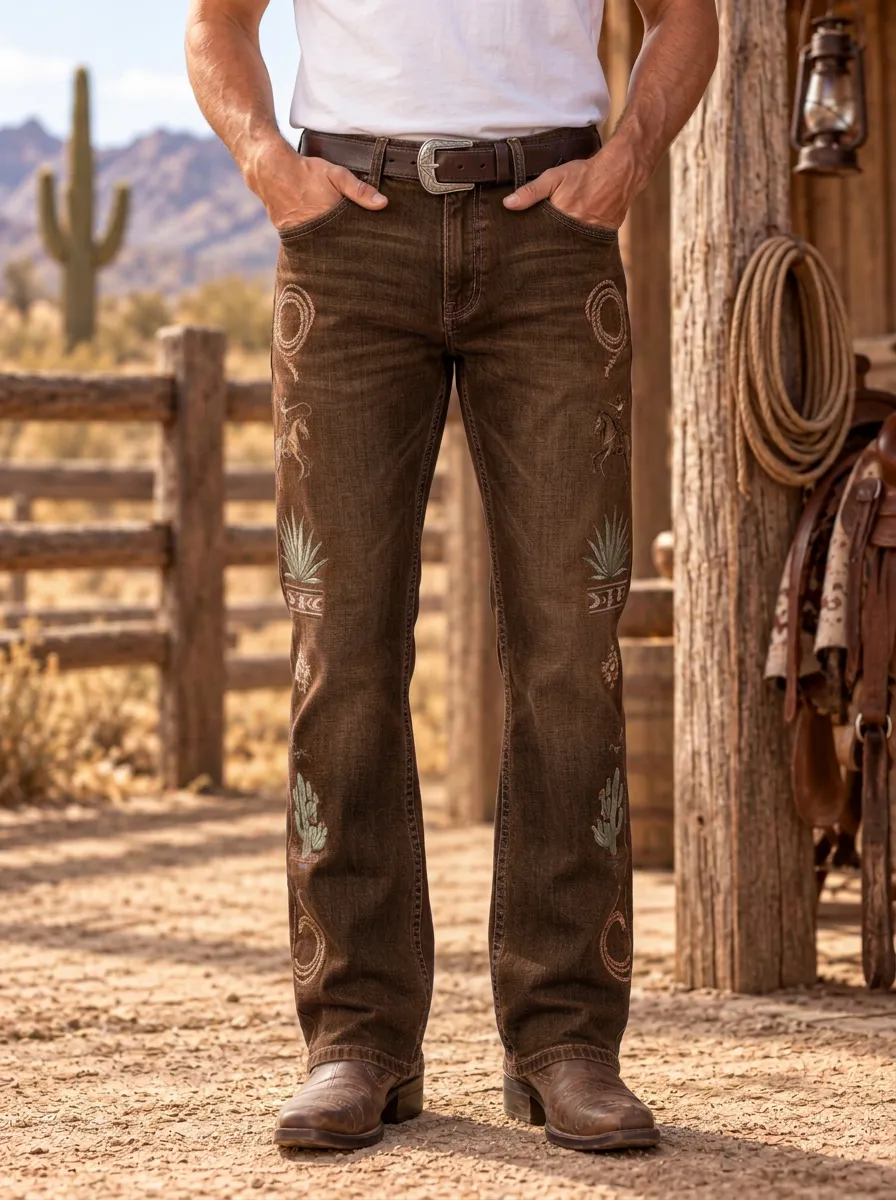 Men's Ranch Inspired Western Cowboy Horse Lasso Cactus Jeans