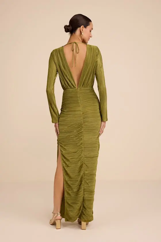 Seren Olive Green Plisse Surplice Maxi Dress