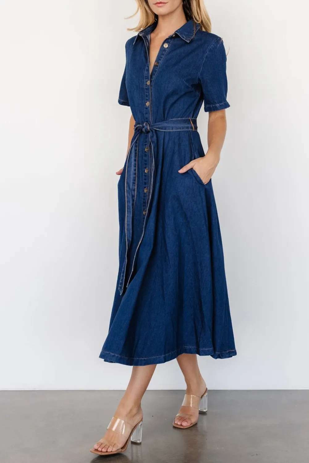Minimalist Vintage Denim Blue Belt High Waist Dress